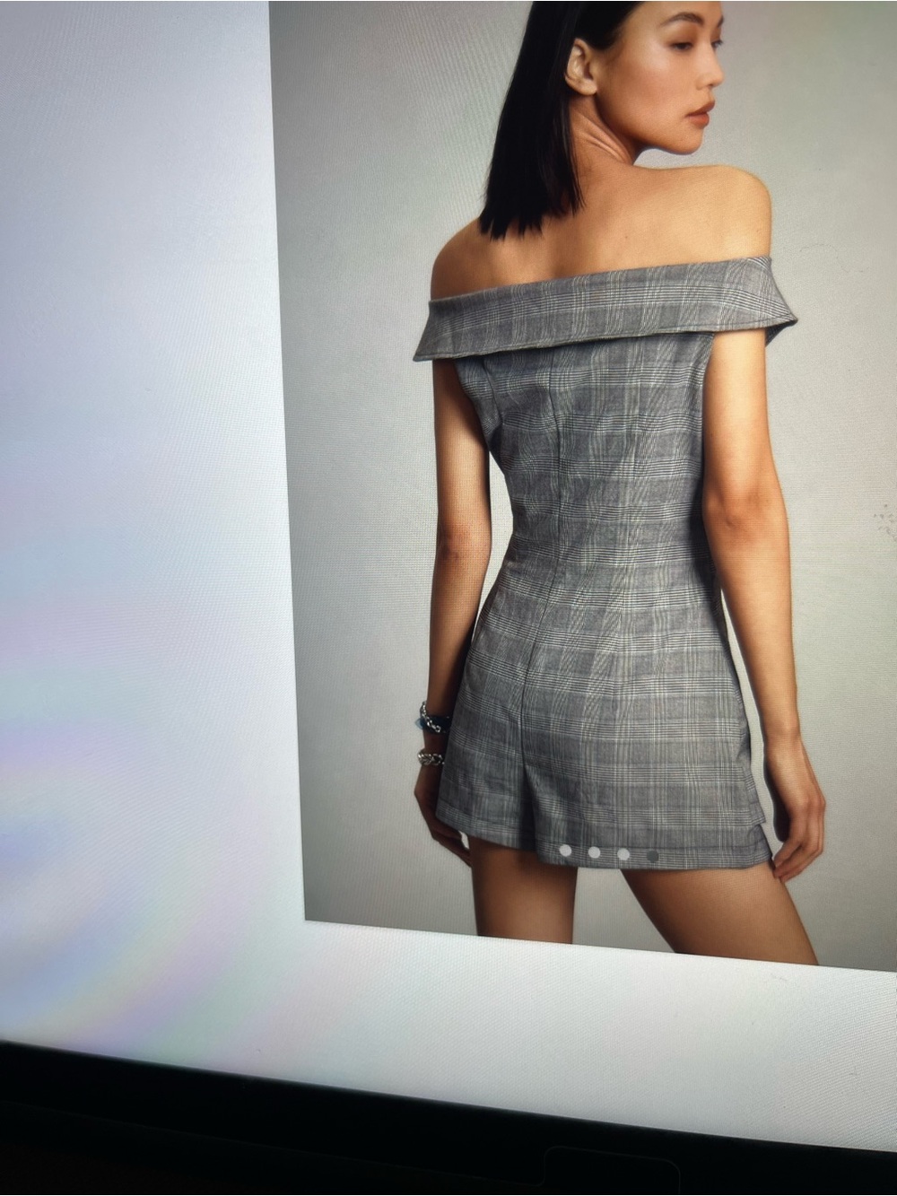 Maeve Grey Plaid Off-Shoulder Mini Dress Romper